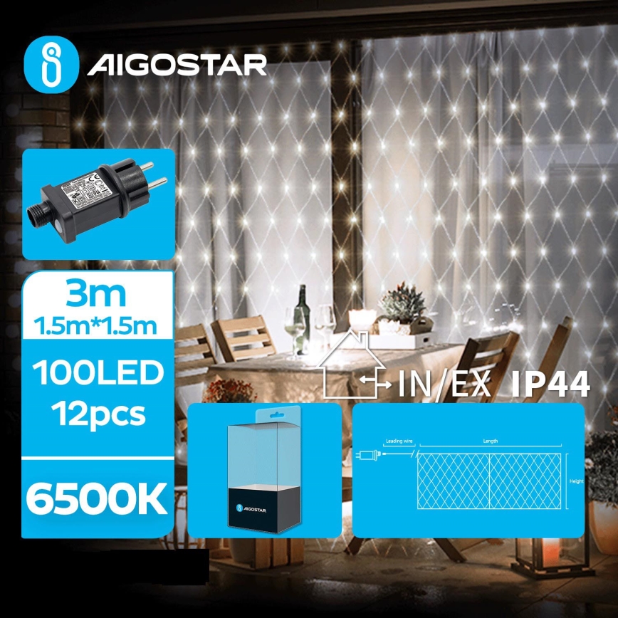 Aigostar- Corrente exterior de Natal LED 100xLED/8 funções 4,5x1,5m IP44 branco frio
