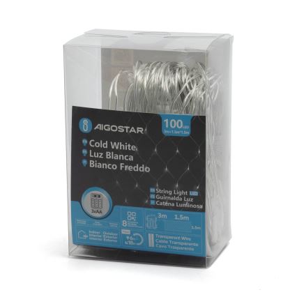 Aigostar -Corrente exterior de Natal LED 100xLED/8 funções/3xAA 4,5x1,5m IP44 branco frio