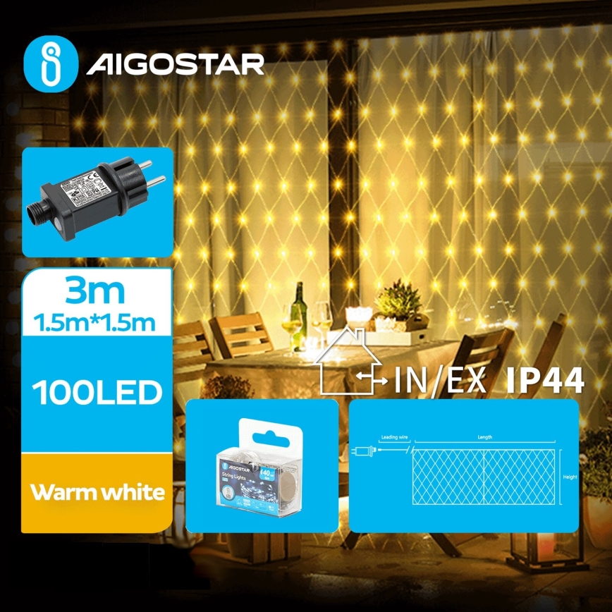 Aigostar - Corrente exterior de Natal LED 100xLED/8 funções 4,5x1,5m IP44 branco quente