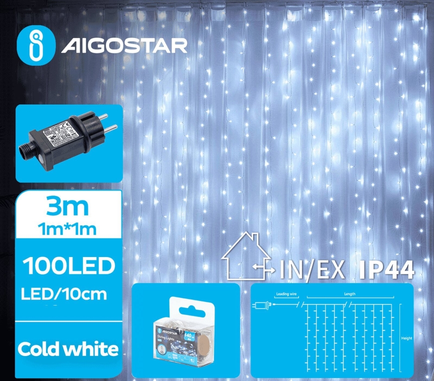 Aigostar - Corrente exterior de Natal LED 100xLED/8 funções 4x1m IP44 branco frio