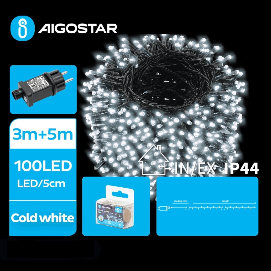 Aigostar - Corrente exterior de Natal LED 100xLED/8 funções 8m IP44 branco frio