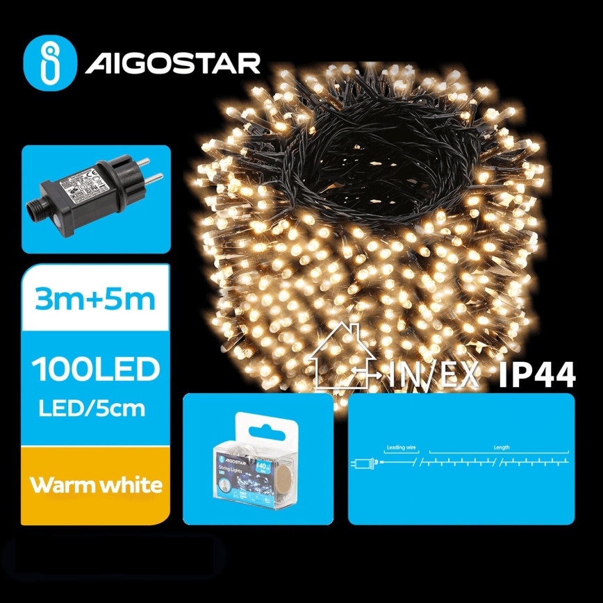 Aigostar - Corrente exterior de Natal LED 100xLED/8 funções 8m IP44 branco quente