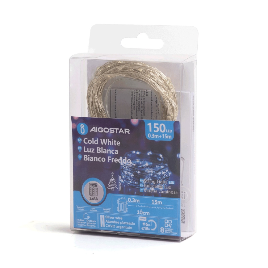 Aigostar - Corrente exterior de Natal LED 150xLED/8 funções 15,3m IP44 branco frio