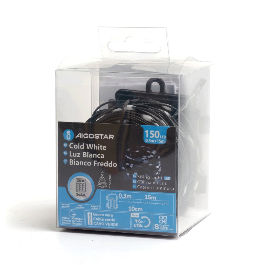 Aigostar - Corrente exterior de Natal LED 150xLED/8 funções 15,3m IP44 branco frio