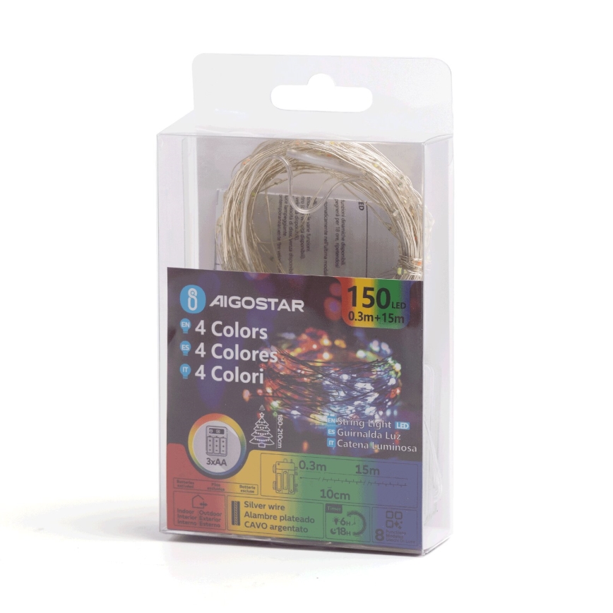 Aigostar - Corrente exterior de Natal LED 150xLED/8 funções 15,3m IP44 multicolorida