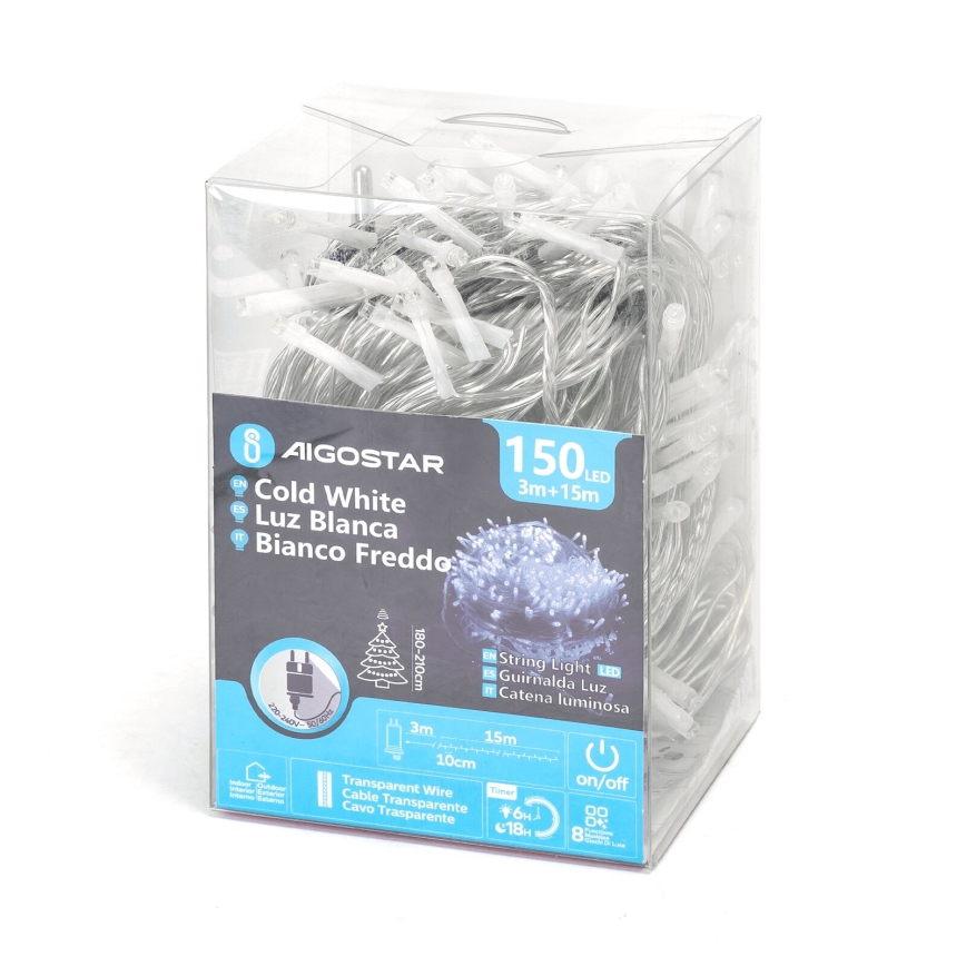 Aigostar - Corrente exterior de Natal LED 150xLED/8 funções 18m IP44 branco frio