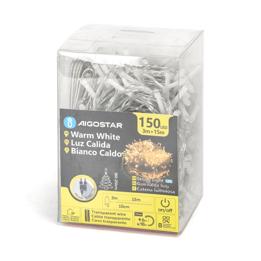 Aigostar - Corrente exterior de Natal LED 150xLED/8 funções 18m IP44 branco quente