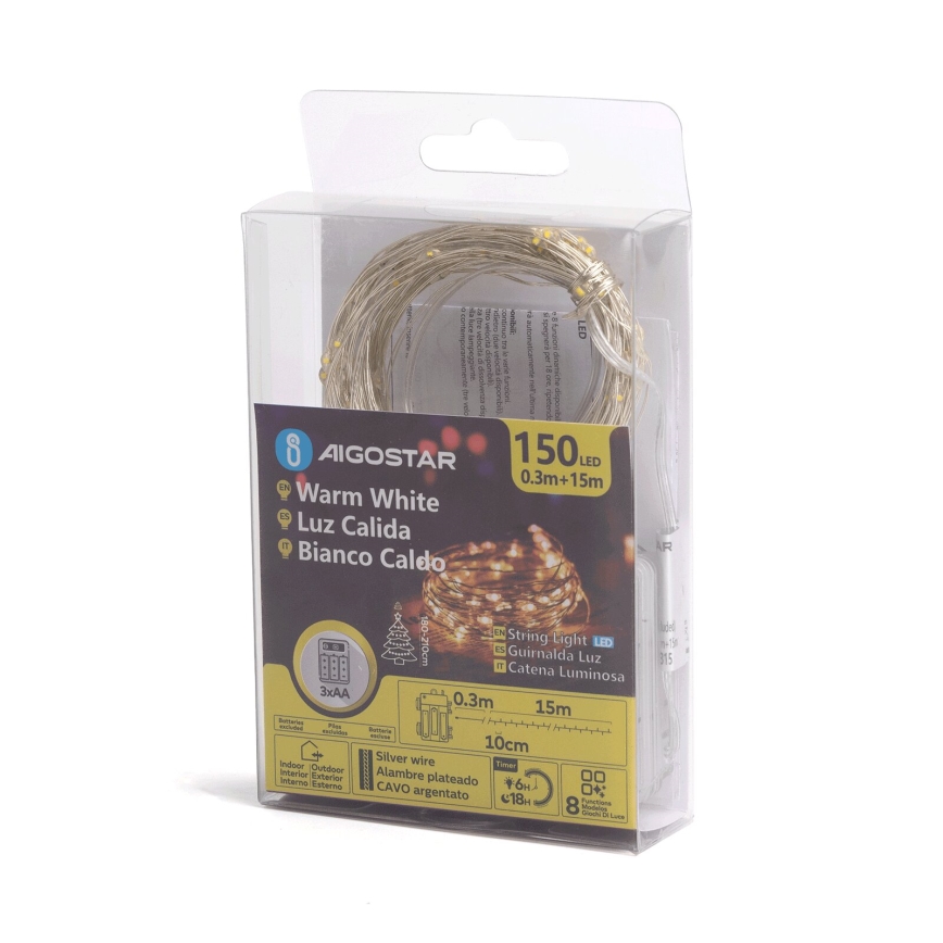 Aigostar -Corrente exterior de Natal LED 150xLED/8 funções 3xAA 15,3m IP44 branco quente