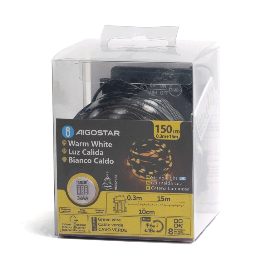 Aigostar -Corrente exterior de Natal LED 150xLED/8 funções 3xAA 15,3m IP44 branco quente
