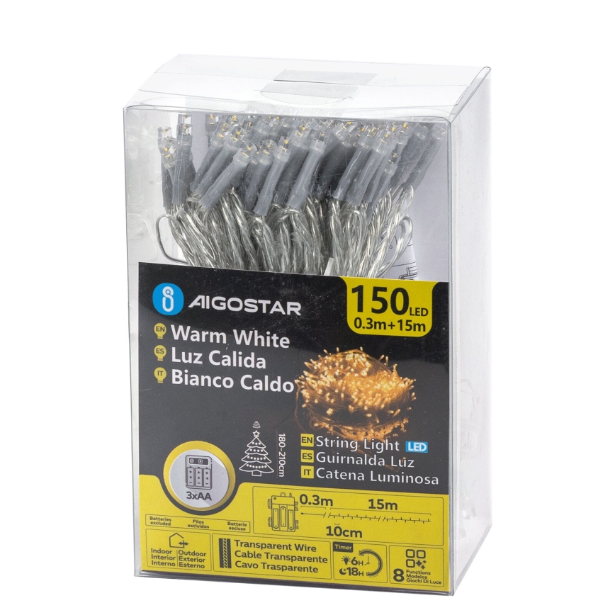 Aigostar -Corrente exterior de Natal LED 150xLED/8 funções 3xAA 15,3m IP44 branco quente