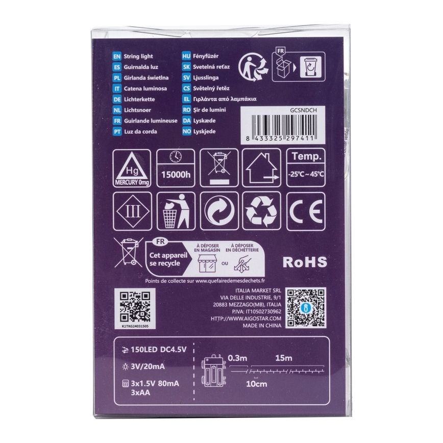 Aigostar -Corrente exterior de Natal LED 150xLED/8 funções 3xAA 15,3m IP44 branco quente