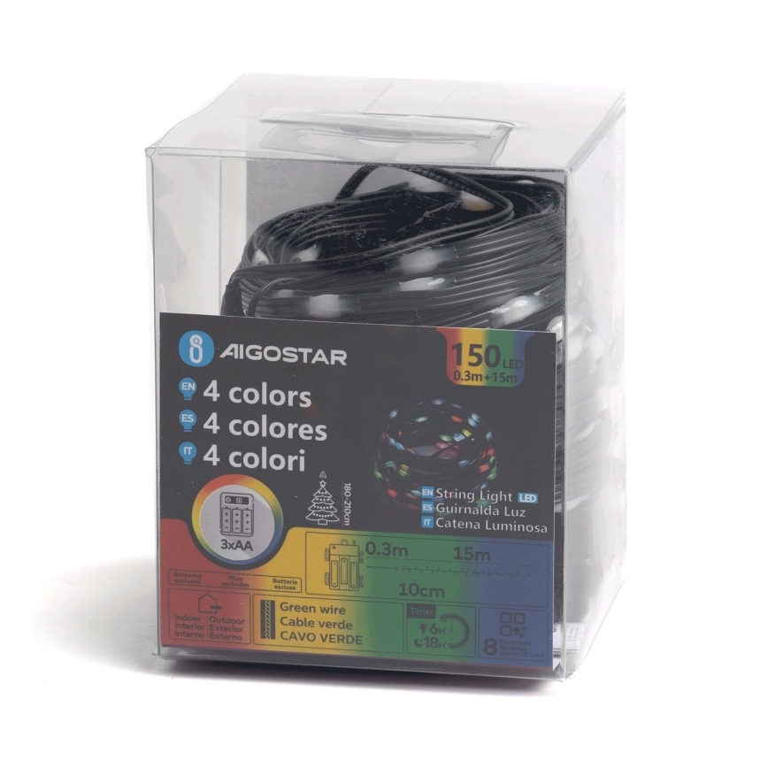 Aigostar -Corrente exterior de Natal LED 150xLED/8 funções 3xAA 15,3m IP44 multicolorida