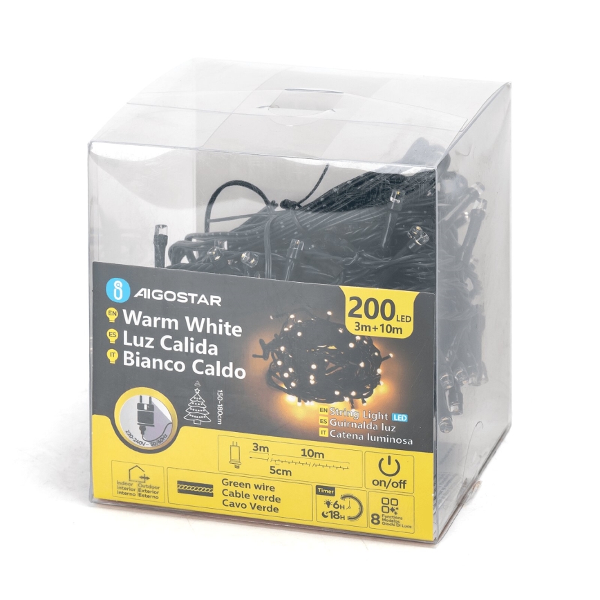 Aigostar - Corrente exterior de Natal LED 200xLED/8 funções 13m IP44 branco quente