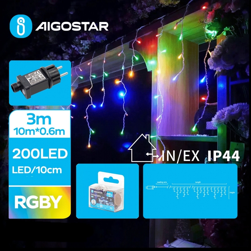 Aigostar - Corrente exterior de Natal LED 200xLED/8 funções 13x0,6m IP44 multicolorida