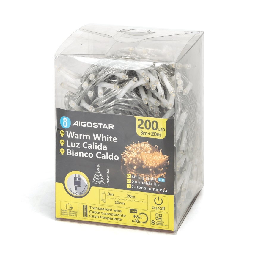 Aigostar - Corrente exterior de Natal LED 200xLED/8 funções 23m IP44 branco quente