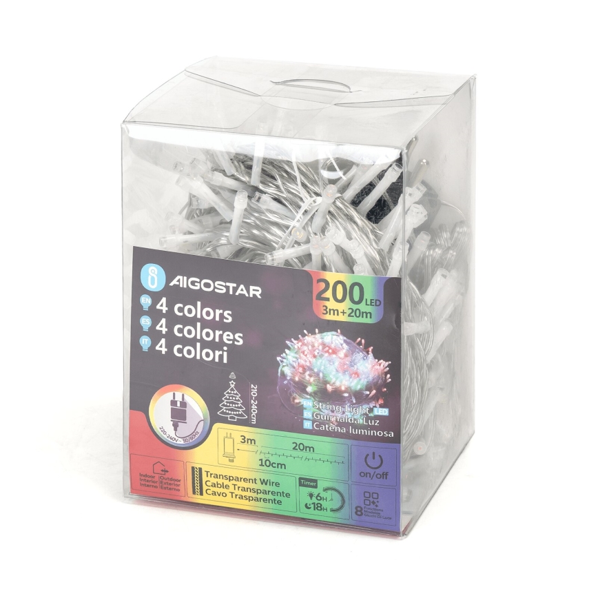 Aigostar - Corrente exterior de Natal LED 200xLED/8 funções 23m IP44 multicolorida