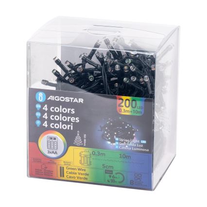 Aigostar -Corrente exterior de Natal LED 200xLED/8 funções 3xAA 10,3m IP44 multicolorida