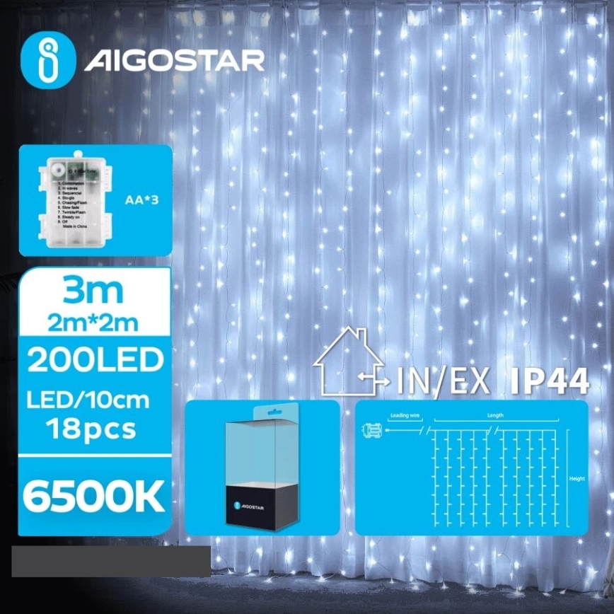 Aigostar - Corrente exterior de Natal LED 200xLED/8 funções 3xAA 5x2m IP44 branco frio