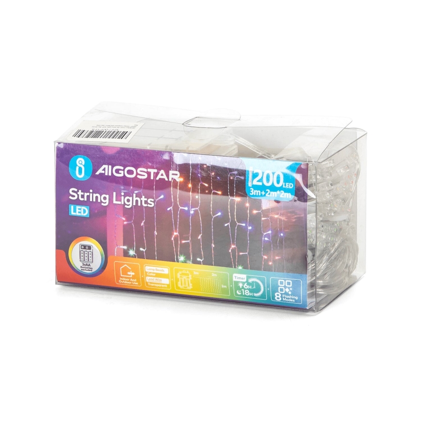 Aigostar - Corrente exterior de Natal LED 200xLED/8 funções 3xAA 5x2m IP44 multicolorida