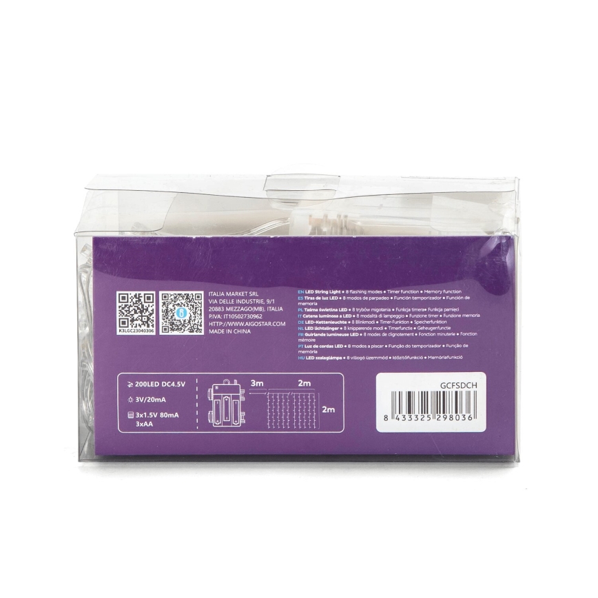 Aigostar - Corrente exterior de Natal LED 200xLED/8 funções 3xAA 5x2m IP44 multicolorida