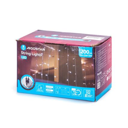 Aigostar - Corrente exterior de Natal LED 200xLED/8 funções 5x2m IP44 branco frio