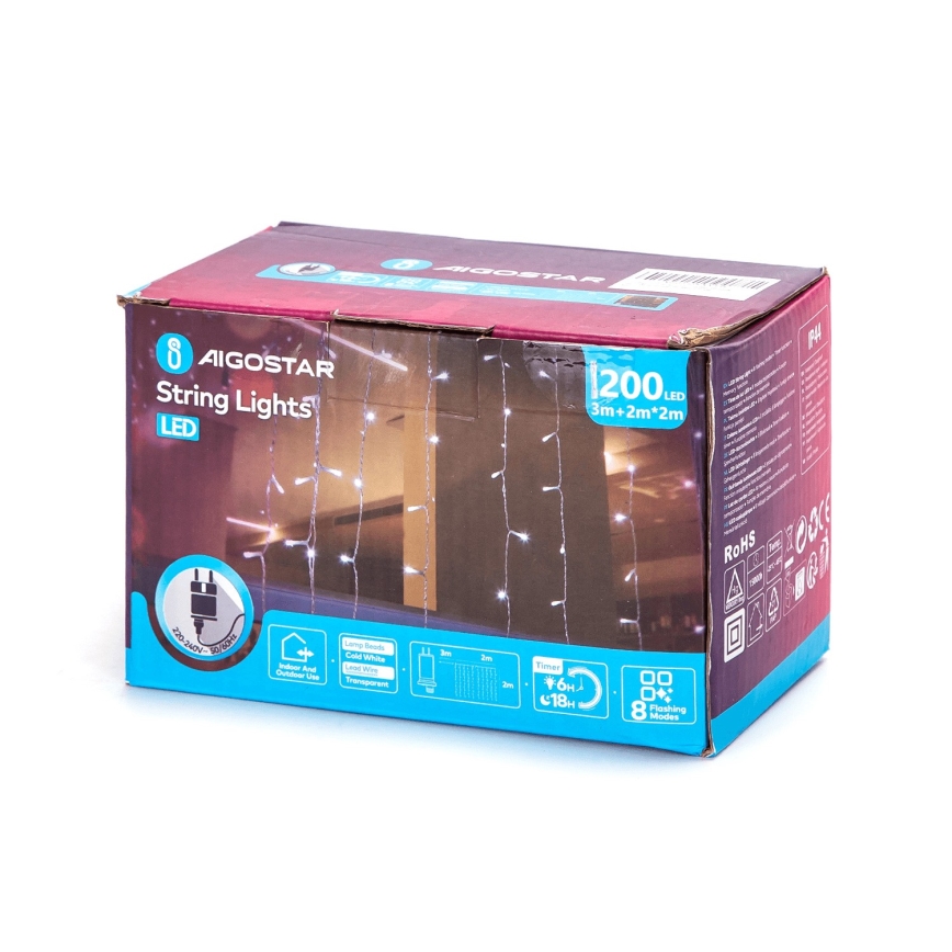 Aigostar - Corrente exterior de Natal LED 200xLED/8 funções 5x2m IP44 branco frio