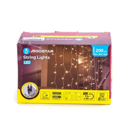 Aigostar - Corrente exterior de Natal LED 200xLED/8 funções 5x2m IP44 branco quente