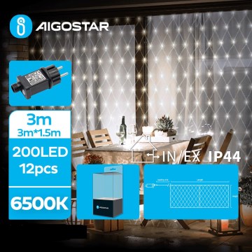 Aigostar - Corrente exterior de Natal LED 200xLED/8 funções 6x1,5m IP44 branco frio