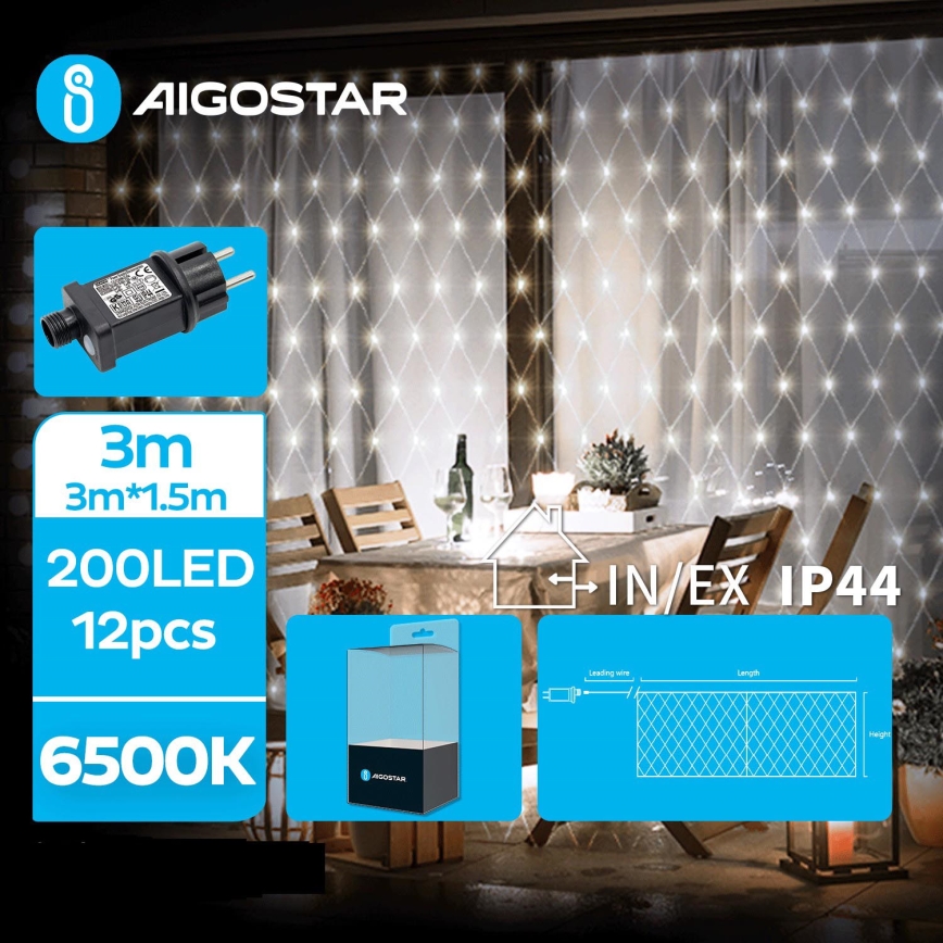 Aigostar - Corrente exterior de Natal LED 200xLED/8 funções 6x1,5m IP44 branco frio