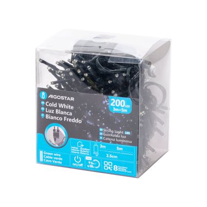 Aigostar - Corrente exterior de Natal LED 200xLED/8 funções 8m IP44 branco frio