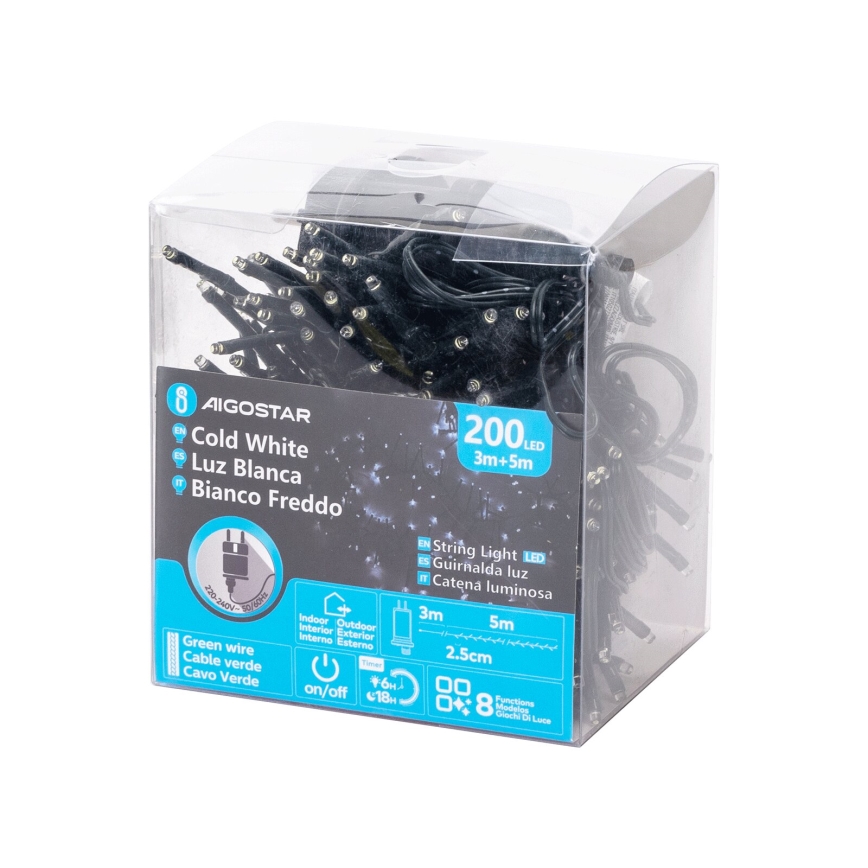 Aigostar - Corrente exterior de Natal LED 200xLED/8 funções 8m IP44 branco frio