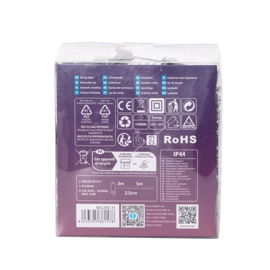 Aigostar - Corrente exterior de Natal LED 200xLED/8 funções 8m IP44 branco frio