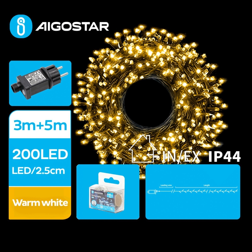 Aigostar - Corrente exterior de Natal LED 200xLED/8 funções 8m IP44 branco quente