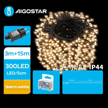 Aigostar - Corrente exterior de Natal LED 300xLED/8 funções 18m IP44 branco quente