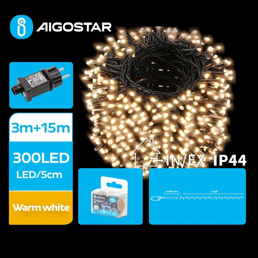 Aigostar - Corrente exterior de Natal LED 300xLED/8 funções 18m IP44 branco quente