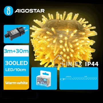 Aigostar - Corrente exterior de Natal LED 300xLED/8 funções 33m IP44 branco quente