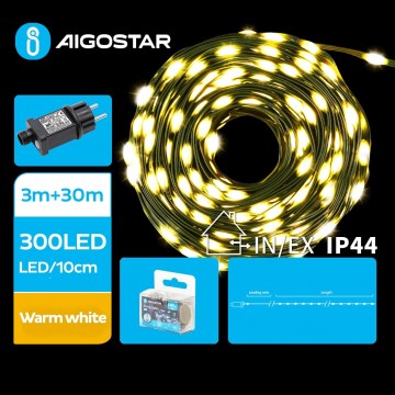 Aigostar - Corrente exterior de Natal LED 300xLED/8 funções 33m IP44 branco quente
