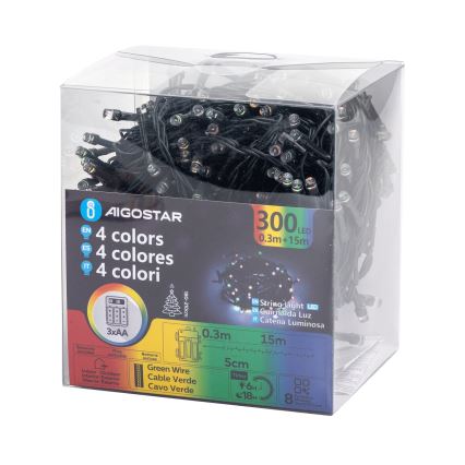 Aigostar -Corrente exterior de Natal LED 300xLED/8 funções 3xAA 15,3m IP44 multicolorida