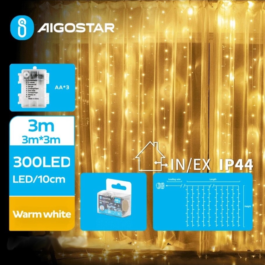 Aigostar - Corrente exterior de Natal LED 300xLED/8 funções 3xAA 6x2m IP44 branco quente