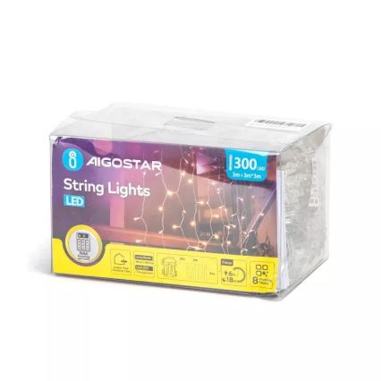 Aigostar - Corrente exterior de Natal LED 300xLED/8 funções 3xAA 6x2m IP44 branco quente