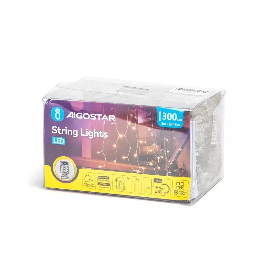 Aigostar - Corrente exterior de Natal LED 300xLED/8 funções 3xAA 6x2m IP44 branco quente