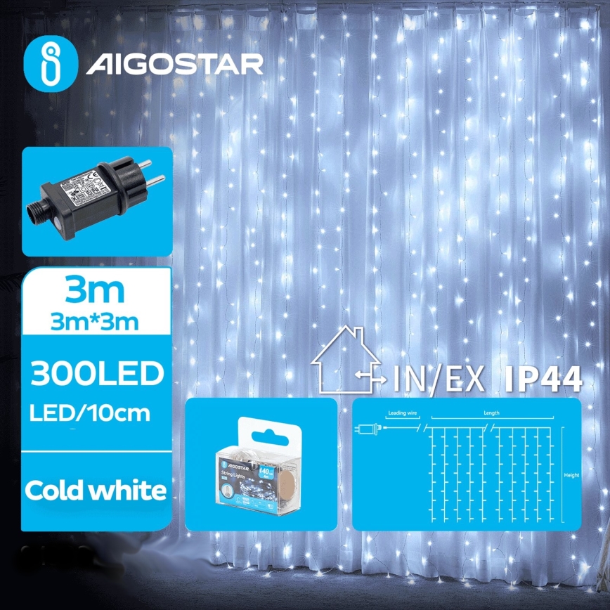 Aigostar - Corrente exterior de Natal LED 300xLED/8 funções 6x3m IP44 branco frio