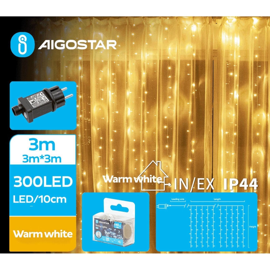 Aigostar - Corrente exterior de Natal LED 300xLED/8 funções 6x3m IP44 branco quente