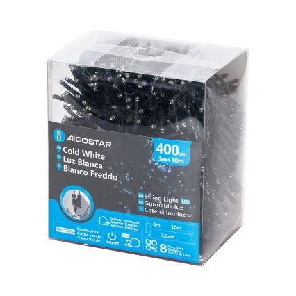 Aigostar - Corrente exterior de Natal LED 400xLED/8 funções 13m IP44 branco frio