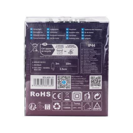 Aigostar - Corrente exterior de Natal LED 400xLED/8 funções 13m IP44 branco frio
