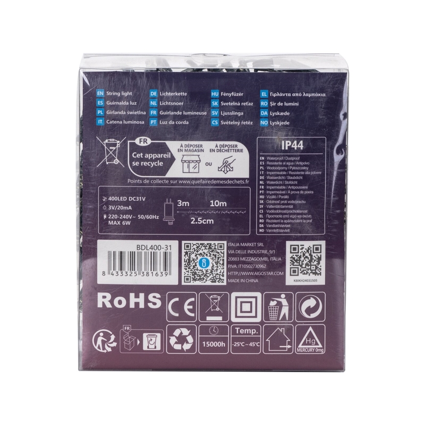 Aigostar - Corrente exterior de Natal LED 400xLED/8 funções 13m IP44 branco frio