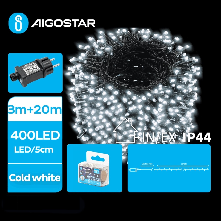 Aigostar - Corrente exterior de Natal LED 400xLED/8 funções 23m IP44 branco frio