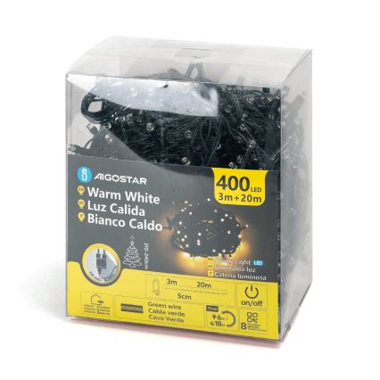 Aigostar - Corrente exterior de Natal LED 400xLED/8 funções 23m IP44 branco quente