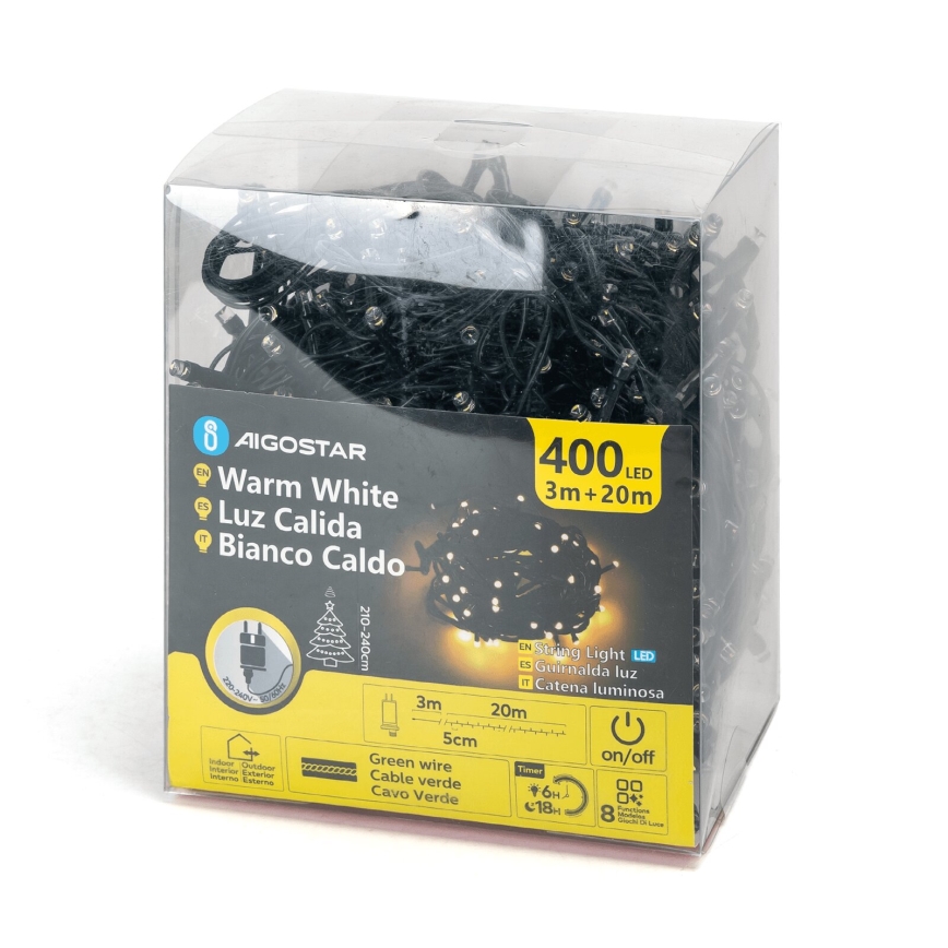 Aigostar - Corrente exterior de Natal LED 400xLED/8 funções 23m IP44 branco quente