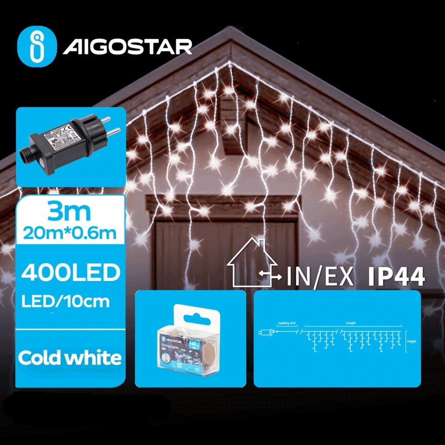 Aigostar - Corrente exterior de Natal LED 400xLED/8 funções 23x0,6m IP44 branco frio